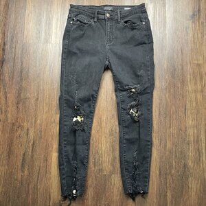 Judy Blue Jeans Womens 11/30 Black Mid Rise Denim Skinny Distressed Leopard
